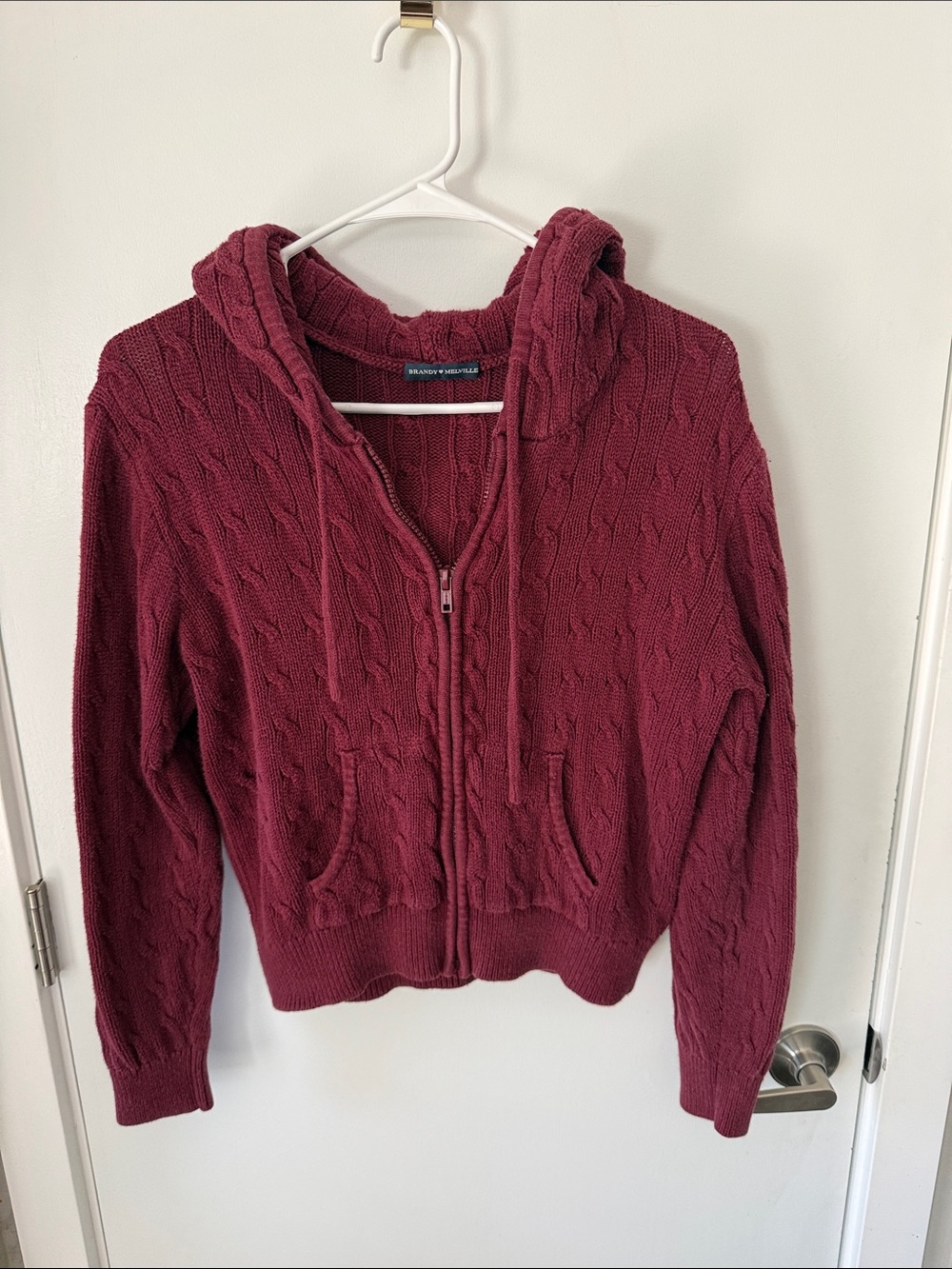 Brandy Melville Cable-Knit Zip Hoodie - Burgundy